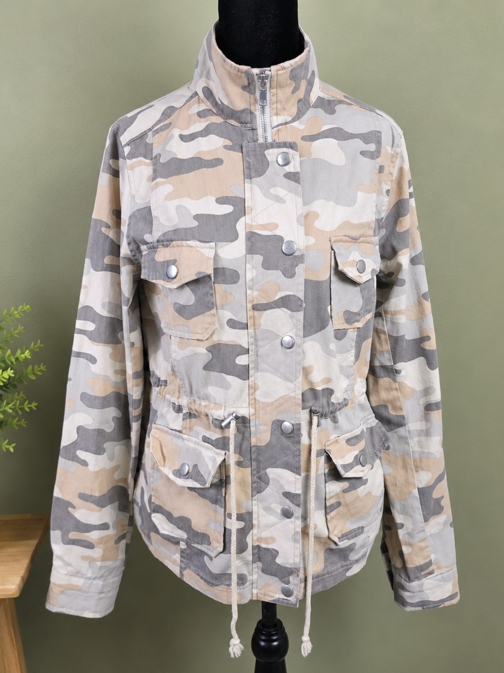 BKE Camo Utility Jacket Small Y2K Cotton Zip Snap Military Cargo Cinch Waist